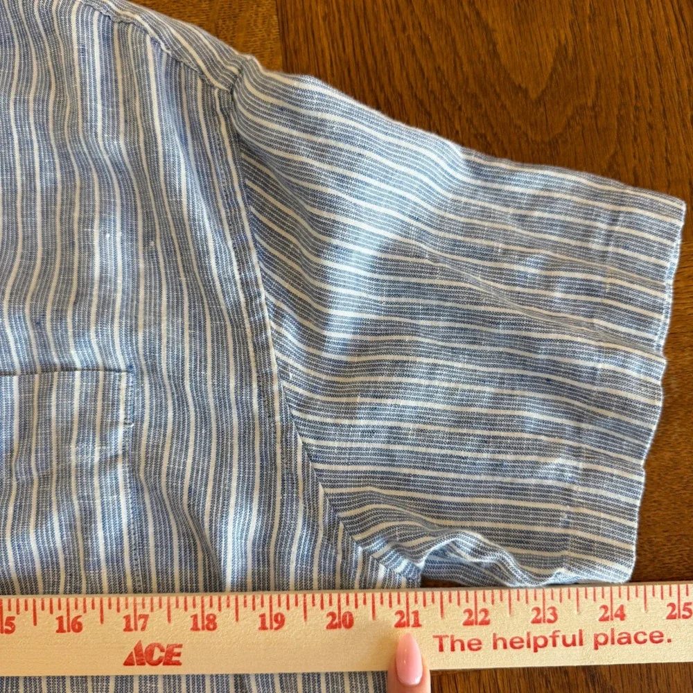 UNTUCKit Westrey WR Linen Shirt Mens Large Blue Stripe Slim Fit Short Sleeve